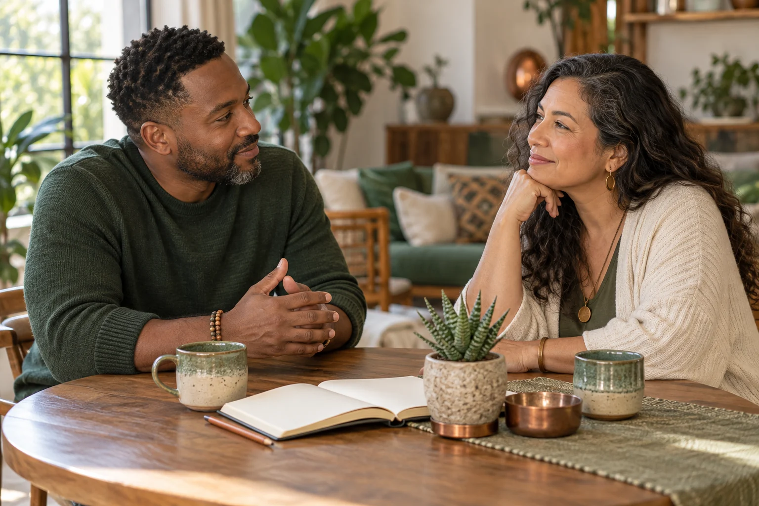 Illustrative scene of two adults in a thoughtful conversation at a table.